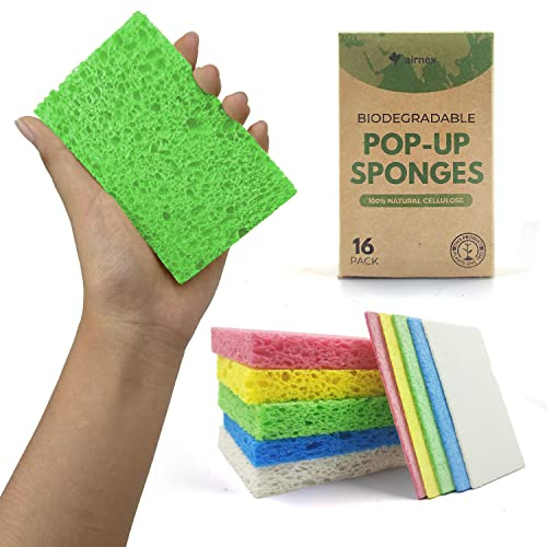 AIRNEX Esponjas comprimidas de celulosa biodegradables, Paquete de 16 esponjas de Cocina para Limpieza, esponjas de Limpieza Multiusos Resistentes y Naturales, Buenas para Cocina, baño y Superficies