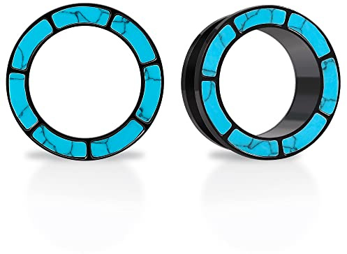 KOOBODY 1 par de túneles de carne de oreja con borde azul ópalo de acero inoxidable, ajuste trasero, calibres de oreja de concha azul turquesa, expansor, joyería para piercing de 0g-1