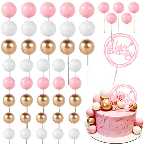 46 Pieces Mini Balloon Cake Topper Foam Ball Cake Picks Cupcake Faux Pearl Balls DIY Cake Insert Topper Baking Decoration for Anniversary Graduation Birthday Party Baby Shower (Pink, Gold, White)