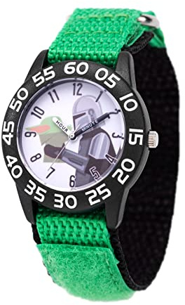 STAR WARS The Mandalorian Kids' Plastic Time Teacher Analog Quartz Nylon Strap Watch, Black / Green, strip