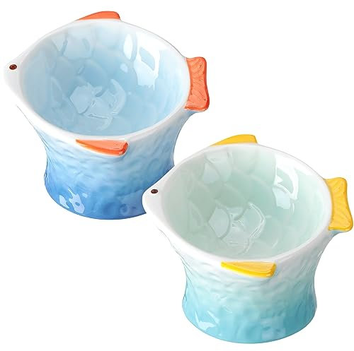 Tioncy 2 Pcs Raised Tilted Ceramic Cat Food Bowl Fish Shape Cute Elevated Slanted Shallow Angled Cat Dish Non Slip Feeder Bowl for Anti-Vomiting and Whisker Fatigue(Blue, Green)