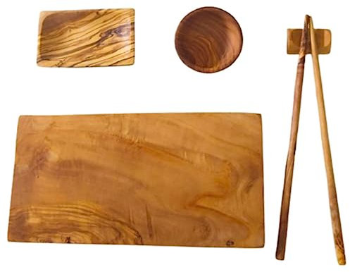 USAHA Lot de 6 assiettes à sushi japonaises - 25 x 16 x 2,5 env. Table en bois olivier tunisien - Ensemble de vaisselle avec bol cadeau manger naguiri.