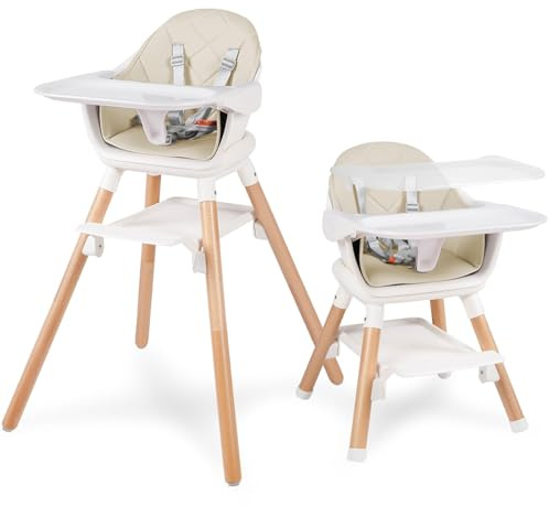 6 in 1 Baby High Chair, Convertible Wooden High Chairs/Booster Seat for Babies and Toddlers, Baby Feeding Chair with 5-Point Harness/Double Removable Tray & Adjustable Footrest (Beige)