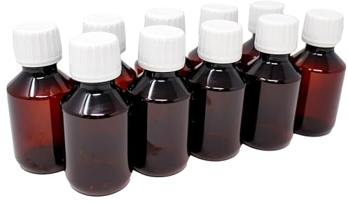 Aromhuset 10 x bruna 100 ml laboratorieflaskor av PET med vitt skruvlock | flytande flaska | pet-flaska | Plastflaska brun, för kosmetika, livsmedel och vätskor, 10-pack