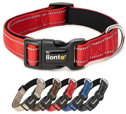 lionto Hundehalsband aus strapazierfähigem Nylon, Größe XL, weiches gepolstertes Halsband für Hunde, 360° reflektierend & Klickverschluss, Metallring & Anpassung durch stufenlosen Schieber, rot