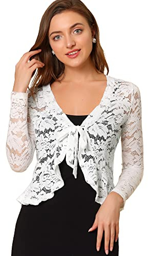 Allegra K Dam spetsbolero långärmad bolero transparent volangfåll crop blommor Shrug, Vit, 3XL