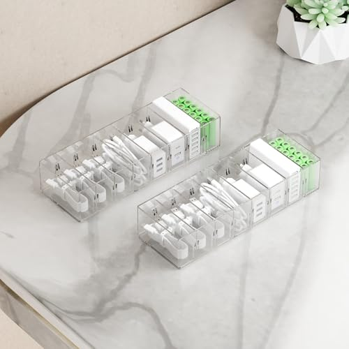 FRETONBA Lot de 2 boîtes de Rangement pour Câbles Transparent avec 7 Compartiments et 14 Serre-Câbles pour Le Rangement sur Le Bureau, Le Bureau(Petit)