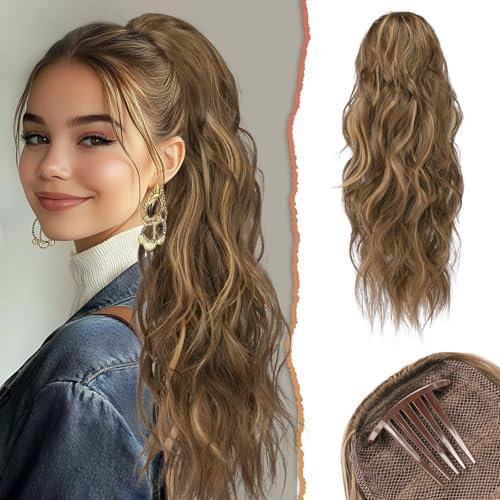 Sofeiyan Ponytail Extension, 60 cm Gewellt Pferdeschwanz Haarteil mit Kordelzug Lang Zopf Pferdeschwanz Synthetisch Comb Clip in Haarteile Pferdeschwanz Haarverlängerung für Frauen, Blond & Hellbraun
