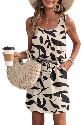 WNEEDU Vestito Estivo da Donna Senza Maniche da Spiaggia con Scollo a U e Coulisse Vestito Arioso da Donna Estivo con Tasche Albicocca Foglia Nera M