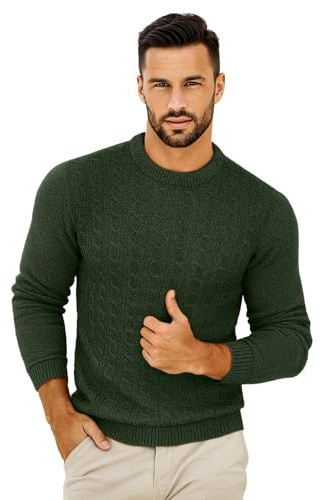 VEARZ Unisex Mens Casual Lightweight Crew Neck Winter Jumpers Cable Knitted Pullover - Adults Classic Soft Long Sleeve Thermal Sweater Tops for Men UK, D Olive XL