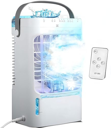 COOLI FRAIS PRO-25 TÉLÉCOMMANDÉ – Climatiseur Mobile Silencieux 2025, 1.5L (Eau + Glace), 3 Vitesses & Modes, Tactile, Portable (sur prise secteur), 301µL /min, Veilleuse et minuterie réglable