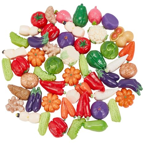 Craftmelody - 50 piezas de hortalizas artificiales de resina en miniatura, figuras de verduras artificiales, tomates, zanahorias, cebollas, champiñones, patatas, berenjenas, decoraciones vegetales