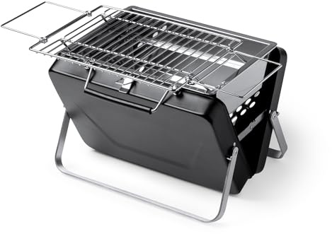 HISPAVIR | Barbacoa Portátil de Carbón | 35 x 23 CM | Acero Inoxidable 304 | Plegable, Tipo Maletín con Parrilla Abatible y Patas Reforzadas | Para Camping, Camper, Caravana, Picnic, Terraza, Mesa...