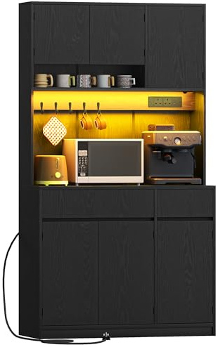 Hzuaneri Kitchen Cupboard with LED & Power Outlet, Tall Kitchen Cabinet | Sideboard Storage Cabinet with Countertop & 2 Drawers, Adjustable Shelves, Dining Room, 40 x 100 x 180 cm Black PT00204XUK