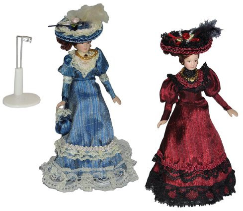 alles-meine.de GmbH 2 TLG. Set Frau/Mutter - Puppe für Puppenstube Maßstab 1:12 - Porzellan Barock Kleid blau UND rot - Puppen mit echten Haaren - Biegepuppen Familie Biegepupp..