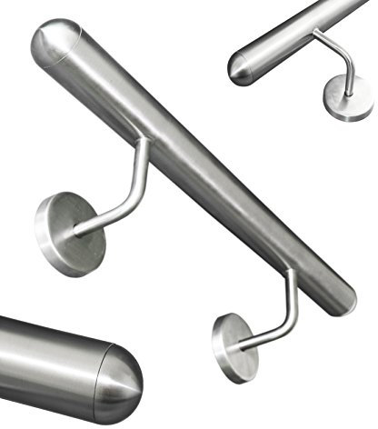 Edelstahl Handlauf V2A 42,4mm 240K geschliffen Wandhandlauf mit runder Endkappe Halbkugel - UNGETEILT - 600 mm