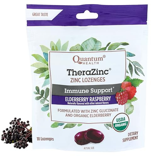 Quantum Health TheraZinc Organic Zinc Lozenges Elderberry Sambucus Raspberry & Honey Immune Support for Adults & Kids 12+ Naturally Flavored Fast Relief with No Aftertaste -18 Count (Package may vary)