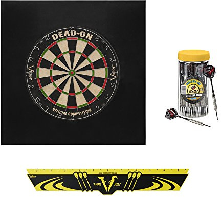 Viper by GLD Products Defender II Backboard & Sisal/Bristle Steel Tip Dartboard Bundle: Premium Set (Dead On Dartboard, Defender II Backboard, Edge Throw Line, 21pc Jar of Darts)
