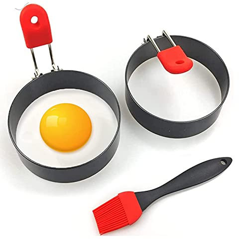 Egg Ring 2-Pack Stainless Steel Egg Rings with Anti-Scald Folding Handle with an Oil Brush Non Stick Coating Suitable for Egg Frying,Shaping,Pancakes,Mini Burger