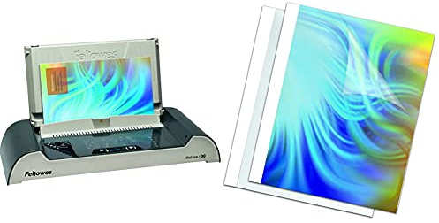 Fellowes Thermorelieur Helios 30, pour relier jusqu'à 300 feuilles A4, mise en veille auto, isolation de la chaleur, Noir et gris, 5641001 & Standard Couverture de reliure Thermique 20 mm Blanc
