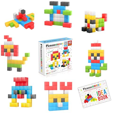 Picasso Cubes Kids Pixel 1” Magnetic Puzzle Cube Mix & Match w/Free Ideabook Sensory Toys STEAM Learning Building Block Magnets Construction Toy Set Stacking Magnet Creative Kit