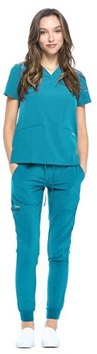 Dagacci Medical Uniform® Jogger Scrubs for Women Set – V-Neck Scrub Top & Elastic Jogger Scrub Pants for Women 8 Pockets Teal Green S