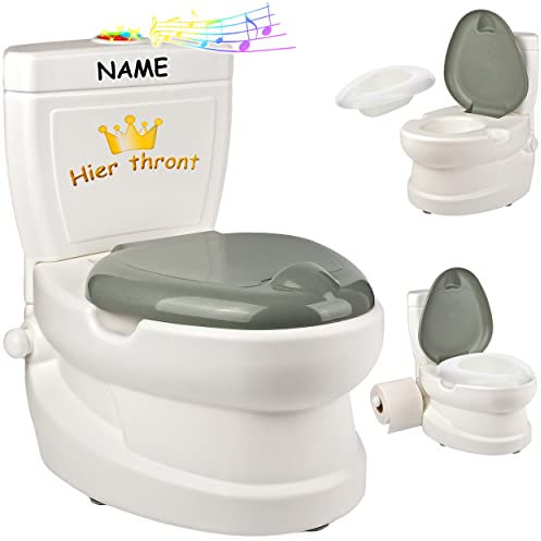 alles-meine.de GmbH Kindertoilette/Töpfchen Spülgeräusch + Licht Hier thront ... - inkl. Name mit Wasserspülung Sound - Nachttopf/Babytopf - mit Deckel - weiß - Musik -..