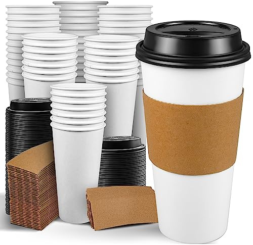 Ginkgo 100 Pack 20 oz Disposable Paper Coffee Cups with Lids and Sleeves, To Go Hot Coffee Cups for Hot Chocolate, Cocoa, Tea and Drinks
