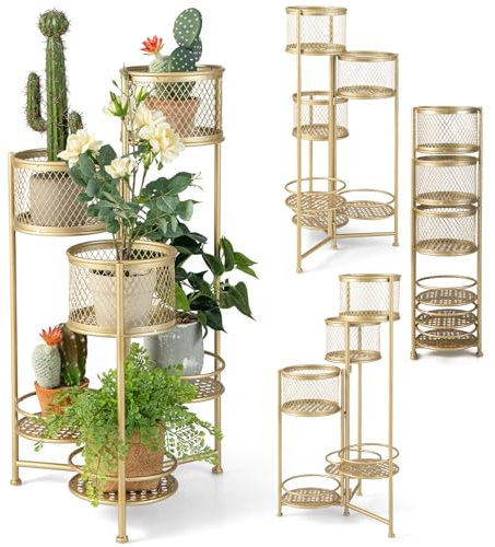 KOMFOTTEU 6 stöckiger Blumenständer, Pflanzenständer klappbar & drehbar, Pflanztopfhalter aus Metall, mehrstöckig Pflanzenregal, Blumentopfhalter mit großer Kapazität für Balkon Garten, Gold
