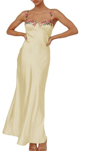Sexy Satin Spaghetti Strap Floral Embroidered Maxi Dress for Women Sweetheart Neckline Backless Sleeveless Slit Midi Dress