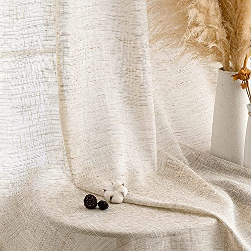 MIULEE Linnegardiner med öljetter, Voilegardiner, Linnelook, Moderna Gardiner för Vardagsrum, Barnrum, Kök, Tab Top-gardiner, Set om 2, 140x200 cm, Brunvit | Panelgardiner för linneinteriör, lätt tyg, perfekt för vardagsrum, sovrum, fönster och balkongdörrar