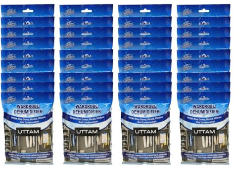 UTTAM Wardrobe Dehumidifier Hanging Bags Bulk Pack, Condensation, Dehumidifiers for Damp, Mould, Moisture Absorbers, Bedroom, Caravan, Bathroom, Basement, Office (210g Each) (Pack of 18)