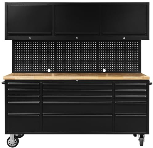 CHETTO C 72 inch Tool Chest Tool Box Mobile 15 Drawers Storage 3 Upper Cabinets SS-Pegboard Rolling Cabinet with Wheels Lock Key Locking System Drawer Liners for Garage Warehouse Repair Shop Black