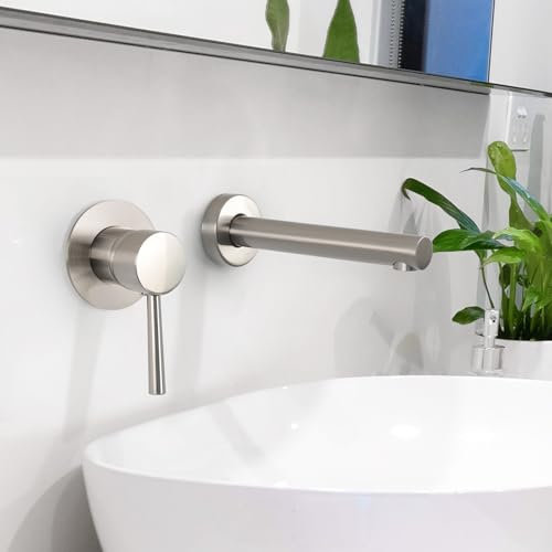 PHASAT Robinet Lavabo Salle De Bain Encastré Mitigeur Pour Lavabo Mural 2 Trous Robinet Vasque en Laiton, Nickel brossé PTMP08L