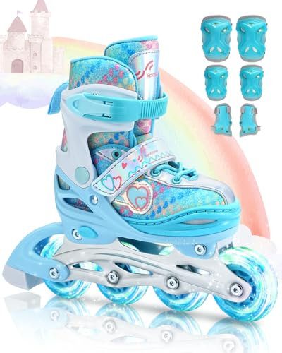 Sportneer Kids Roller Skates, 4 Adjustable Light up Roller Skates for Girls Boys Kids Toddlers Beginners, Kids Skates with Protective Gear Set Gift for Indoor & Outdoor Use