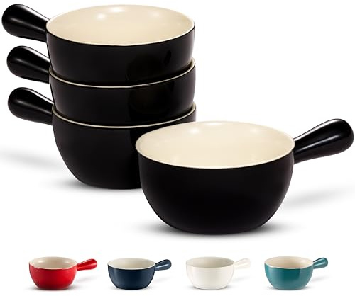 Kook French Onion Soup Crocks, Stackable Ceramic Bowls with Handles, Oven, Microwave and Dishwasher Safe, for Cereal, Soups, Casseroles, with Handle, Stoneware, 24 oz, Set of 4, Black