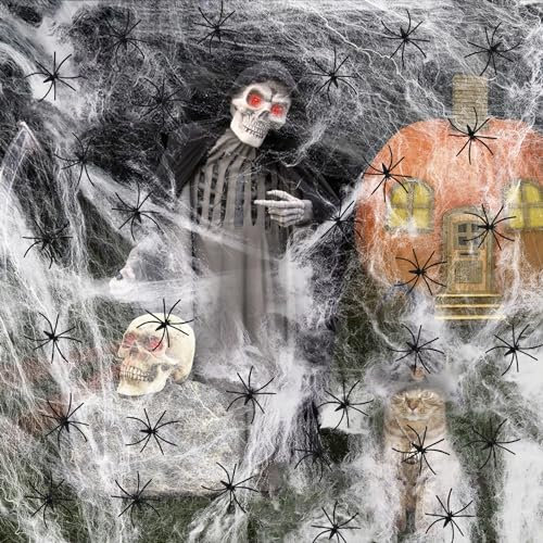TTCOTOKE Ragnatela Halloween, 300g Ragnatele Halloween Decorazioni Bianco 80 Ragni di Nera, 1500 sq.ft Ragnatele Finte Allungabile per Interni ed Esterni, Finestra,Tavolo,Bar,Casa Infestata