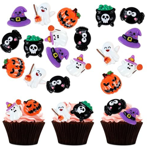Ercadio 24 Pcs Resin Halloween Cupcake Toppers Pumpkin Ghost Witch Hat Spider Baby shower Cake Toppers Decorations for Kids Boys Girls Halloween Birthday Baby Shower Party Decor Supplies