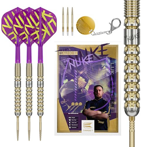 TARGET Darts Luke Littler Gen 1 Prodigy Steel Tip Swiss Point Darts, 90% Tungsten Darts, 23G | Generation 1 Gold Steel Tip Darts, G1 Player Edition Swiss Points Dart Sets, K-Flex Flights and Shafts