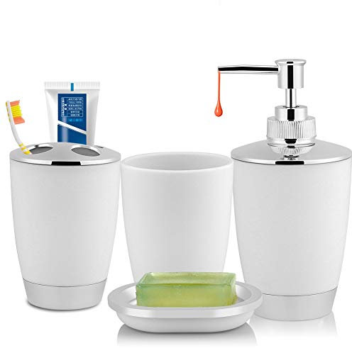 Juego de 4 Accesorios para Baño, Accesorios de Baño de Plástico Que Incluyen Soporte para Cepillo de Dientes, Vaso para Cepillo de Dientes, Dispensador de Jabón y Jabonera (Blanco)