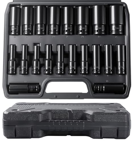 Pamatio Impact Socket Set 1/2 Inch, Deep Impact Socket Set 1/2'' - 6 Point (8mm - 32mm) 20 Piece Impact Driver Socket Sets - with Plastic Storage Box for Home Car Repair, CR-V