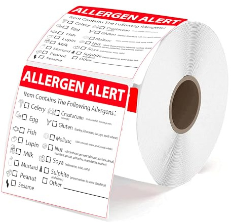 Lot de 500 étiquettes d'avertissement d'allergie et de sécurité alimentaire amovibles pour emballage alimentaire, vente au détail et restaurants - Rouge - 5,1 cm
