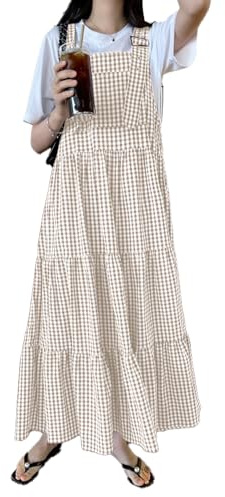 chouyatou Women's Retro Plaid Suspender Maxi Dress Sleeveless Ruffle Tiered Overall Jumper Long Dress (Medium, Khaki)
