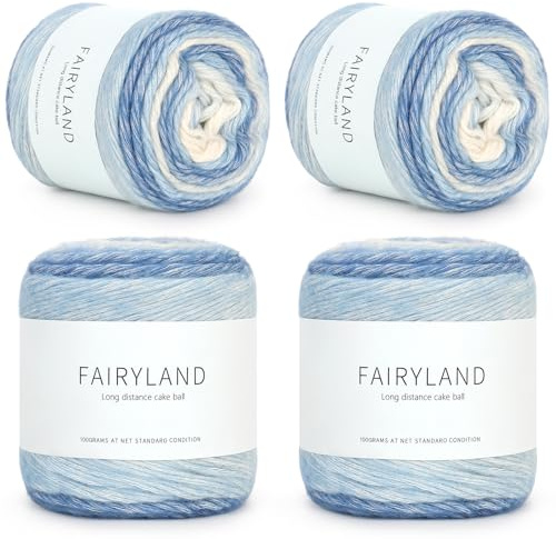 Reessy Ombre Yarn, 4 × 100g Gradient Yarn Cake, 60% Cotton 30% Acrylic 10% Wool for Crochet - Multi Coloured Yarns for Knitting Scarves, Shawls, Blankets, Crafting and Clothing - Yellow Blue Wool