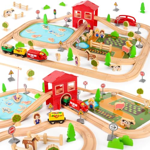 LumenVela Juego de Tren de Madera, 100 Piezas Tren Madera Juguete, Granja Juguete Donde se Puede Pescar con Estanque, Granja, Animalitos Cumpleaños y Navidad para 4 5 6 7 8 Niños