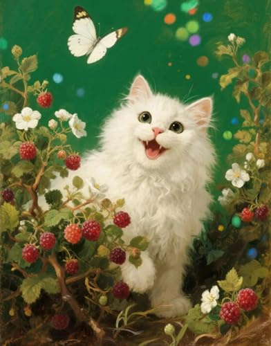 JUYIYUANFUZH Cross Stitch Starter Kits Adults DIY Embroidery Kit with Pattern White Cat in The Raspberry Bush 5 Easy Cross Stitch Kits for Beginners11CT: 40×50Cm