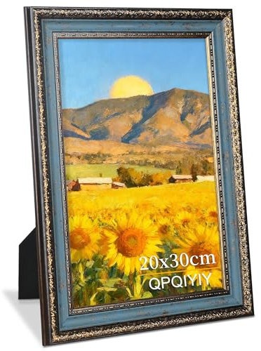 QPQIYIY Cornice per Foto 20x30cm Vintage, Cornice Barocca 20x30 in Blu e Oro, Cornice Retro Antica per Foto