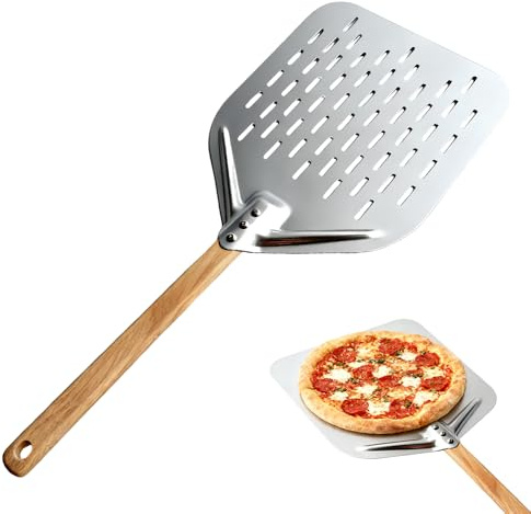 Weciau Pizzaspade, 40 x 30 cm 12 tum, perforerad pizzaspade i aluminium, stor yta och avtagbart handtag för pizzabakning, bröd, silver
