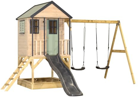Wendi Toys M60PPG stylhus med rutschkana och dubbelgunga – barnhus trä för trädgård utomhus, FSC-trä, piedesthöjd 90 cm, 290 × 405 × 242 cm, med 175 cm halkfri, väderbeständig, pastellgrön-grå