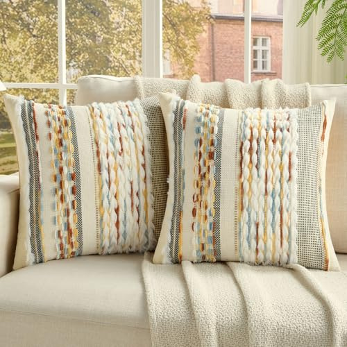 Ystyle Juego de 2 Boho Funda Cojin 45x45, Fundas Cojines Decorativa con Rayas y Textura Tufted Suave, Fundas de Cojines para Decoración del Hogar Sofá Dormitorio, Amarillo
